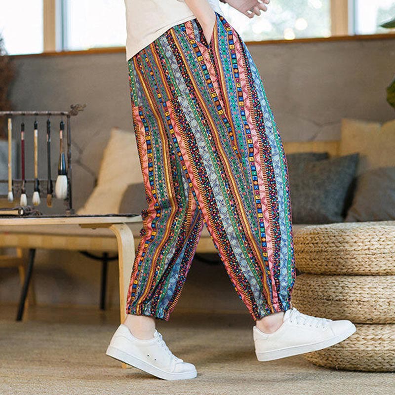 Pantalon sarouel homme en coton et lin à rayures colorées, longueur cheville, avec poches, motif Buddha Stones - image 25