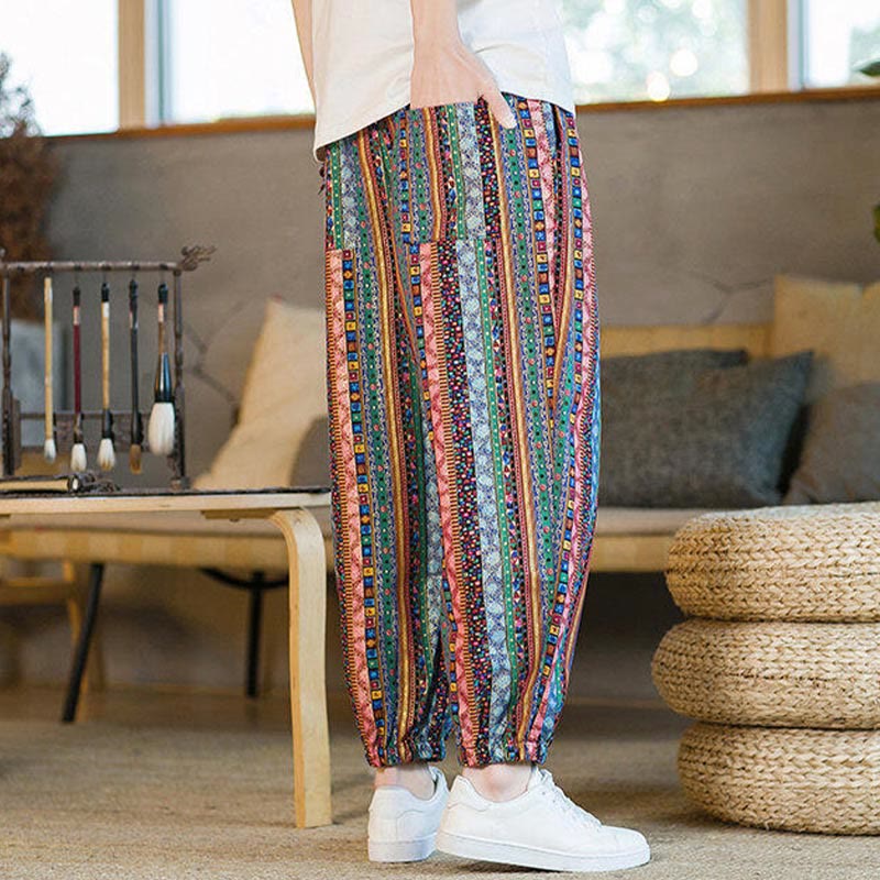 Pantalon sarouel homme en coton et lin à rayures colorées, longueur cheville, avec poches, motif Buddha Stones - image 22