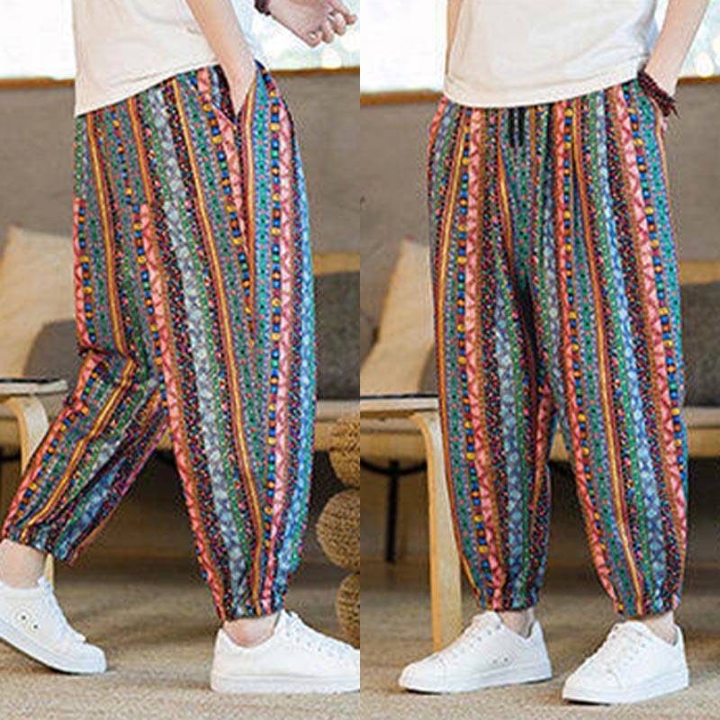 Pantalon sarouel homme en coton et lin à rayures colorées, longueur cheville, avec poches, motif Buddha Stones - image 31