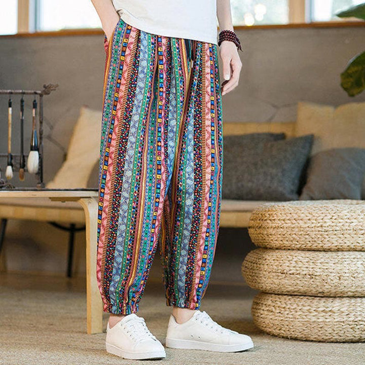 Pantalon sarouel homme en coton et lin à rayures colorées, longueur cheville, avec poches, motif Buddha Stones - image 23