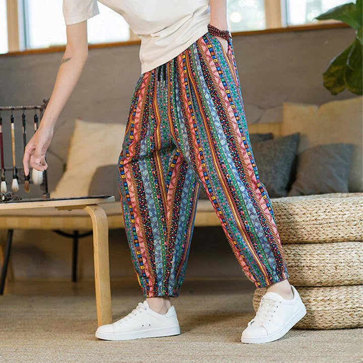 Pantalon sarouel homme en coton et lin à rayures colorées, longueur cheville, avec poches, motif Buddha Stones - image 24