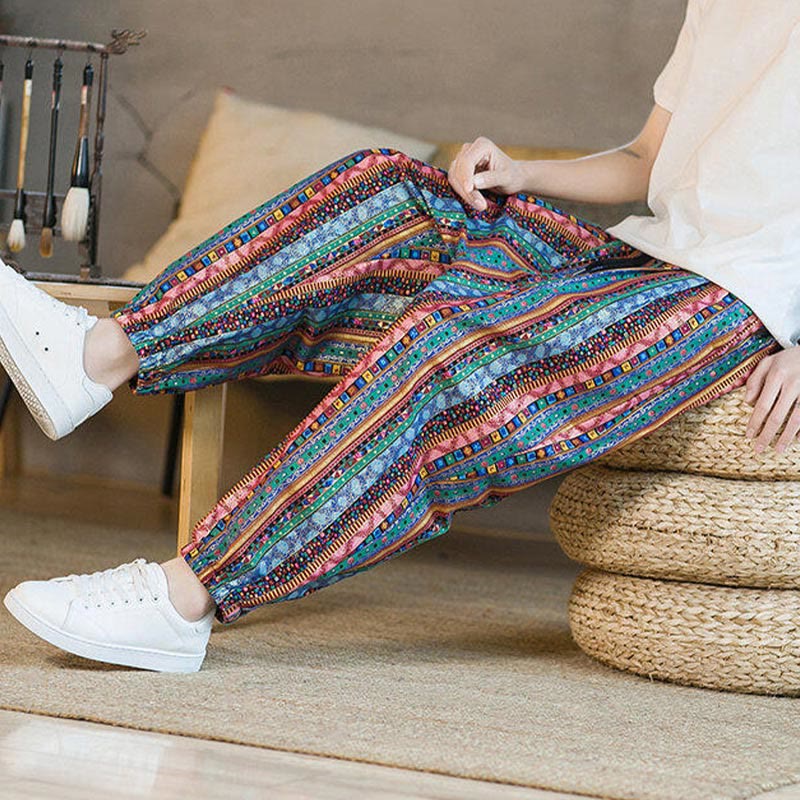 Pantalon sarouel homme en coton et lin à rayures colorées, longueur cheville, avec poches, motif Buddha Stones - image 26