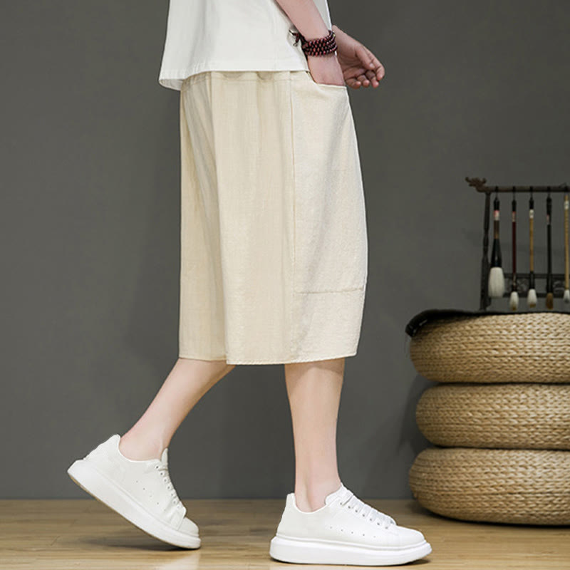 Pantalon Buddha Stones décontracté en coton et lin avec cordon de serrage et poches pour homme
