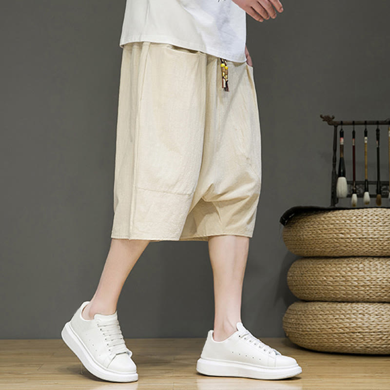 Pantalon Buddha Stones décontracté en coton et lin avec cordon de serrage et poches pour homme