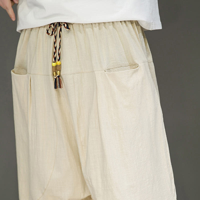Pantalon Buddha Stones décontracté en coton et lin avec cordon de serrage et poches pour homme