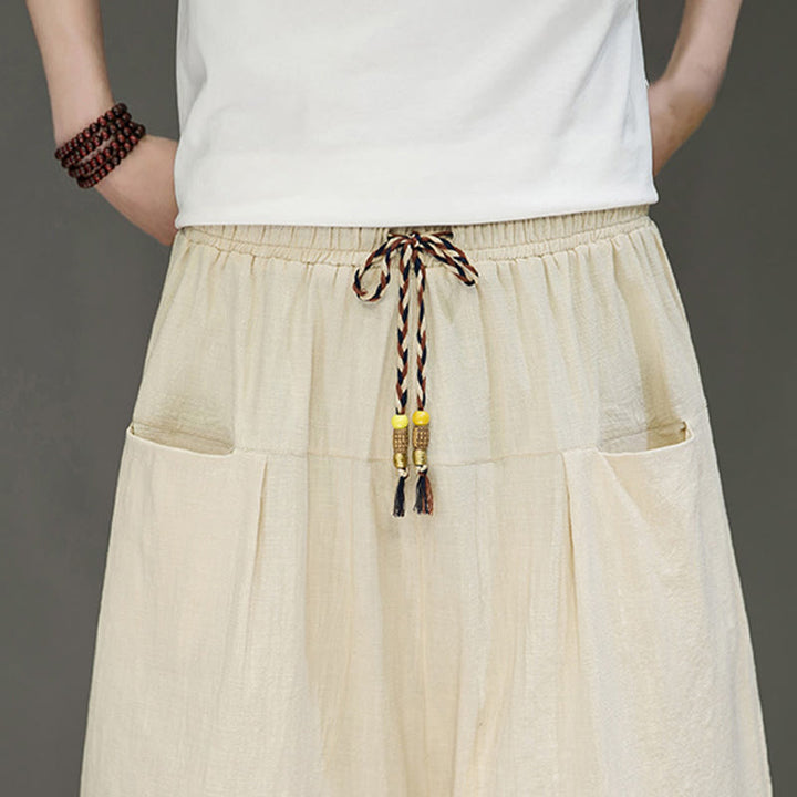 Pantalon Buddha Stones décontracté en coton et lin avec cordon de serrage et poches pour homme