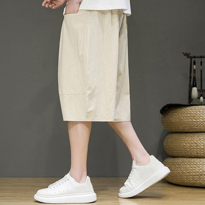 Pantalon Buddha Stones décontracté en coton et lin avec cordon de serrage et poches pour homme