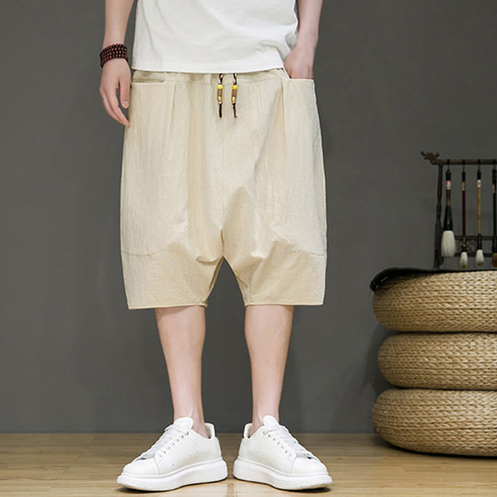 Pantalon Buddha Stones décontracté en coton et lin avec cordon de serrage et poches pour homme