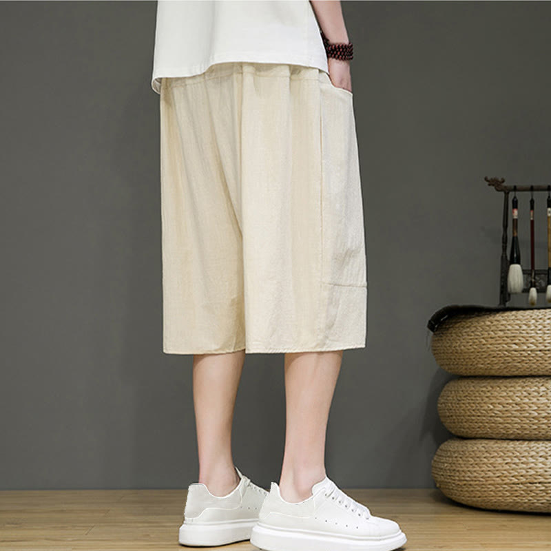 Pantalon Buddha Stones décontracté en coton et lin avec cordon de serrage et poches pour homme