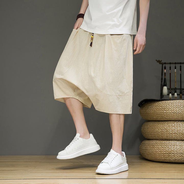 Pantalon Buddha Stones décontracté en coton et lin avec cordon de serrage et poches pour homme