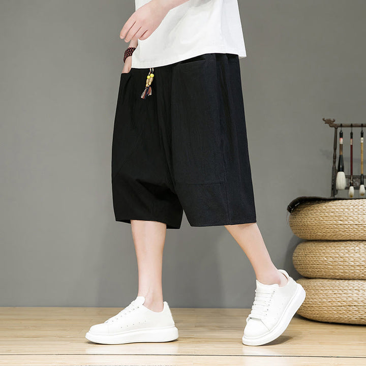 Pantalon Buddha Stones décontracté en coton et lin avec cordon de serrage et poches pour homme