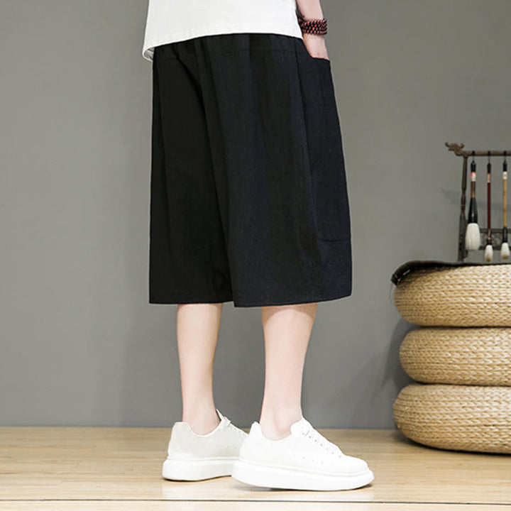 Pantalon Buddha Stones décontracté en coton et lin avec cordon de serrage et poches pour homme