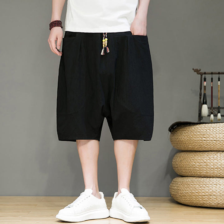 Pantalon Buddha Stones décontracté en coton et lin avec cordon de serrage et poches pour homme