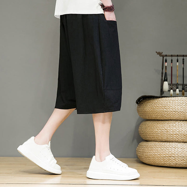 Pantalon Buddha Stones décontracté en coton et lin avec cordon de serrage et poches pour homme