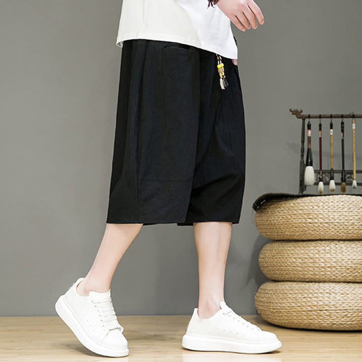 Pantalon Buddha Stones décontracté en coton et lin avec cordon de serrage et poches pour homme