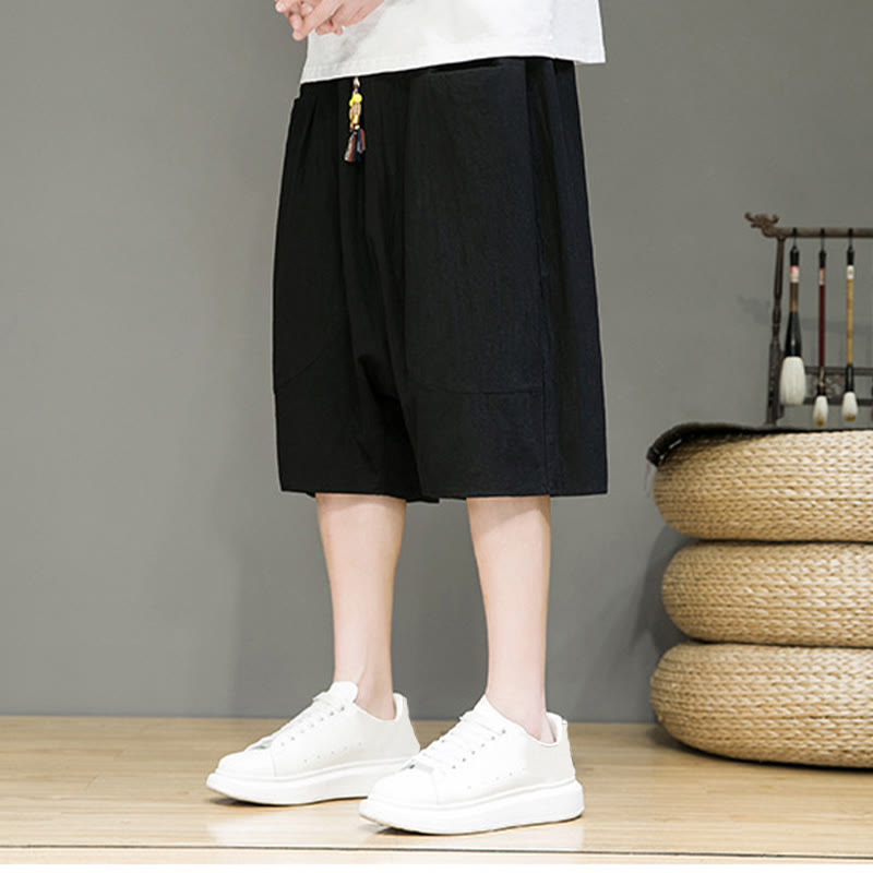 Pantalon Buddha Stones décontracté en coton et lin avec cordon de serrage et poches pour homme