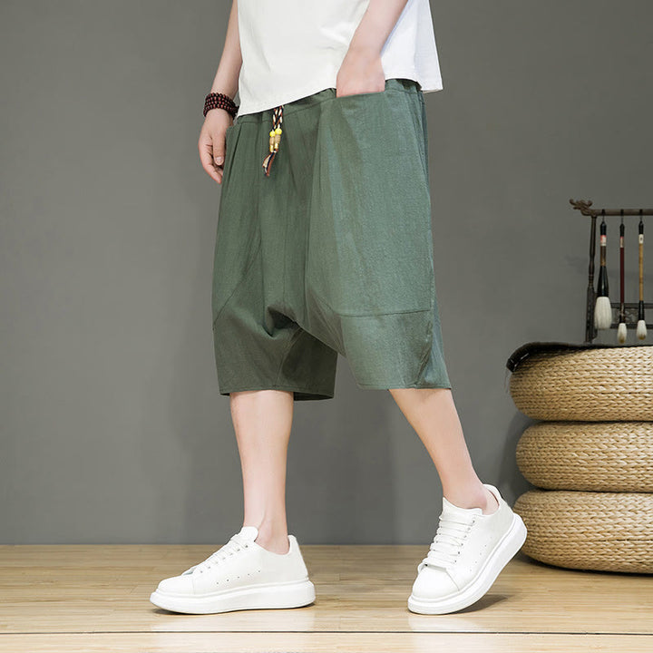 Pantalon Buddha Stones décontracté en coton et lin avec cordon de serrage et poches pour homme