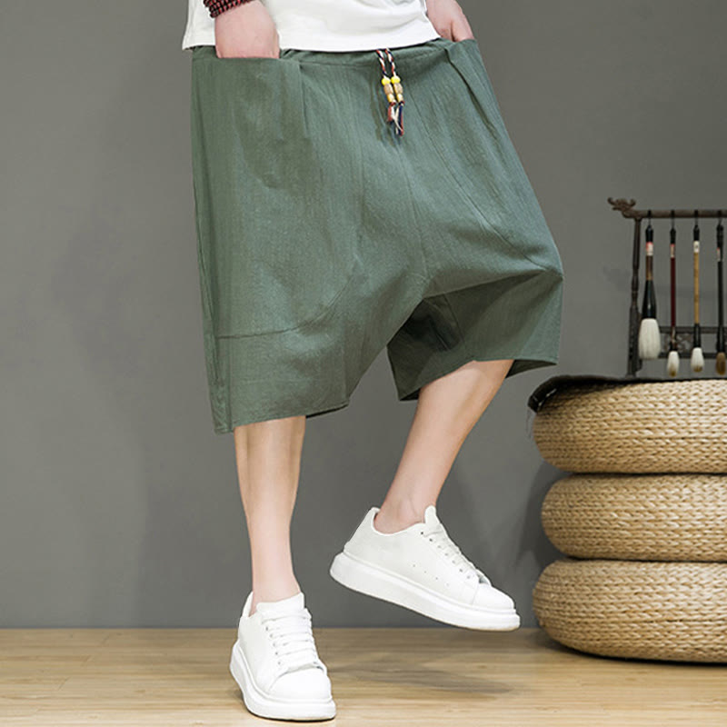 Pantalon Buddha Stones décontracté en coton et lin avec cordon de serrage et poches pour homme