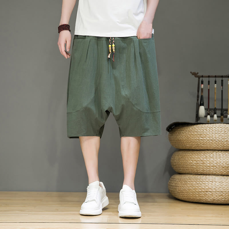 Pantalon Buddha Stones décontracté en coton et lin avec cordon de serrage et poches pour homme