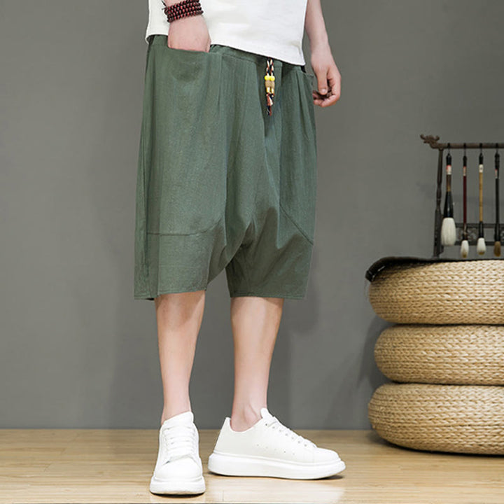 Pantalon Buddha Stones décontracté en coton et lin avec cordon de serrage et poches pour homme