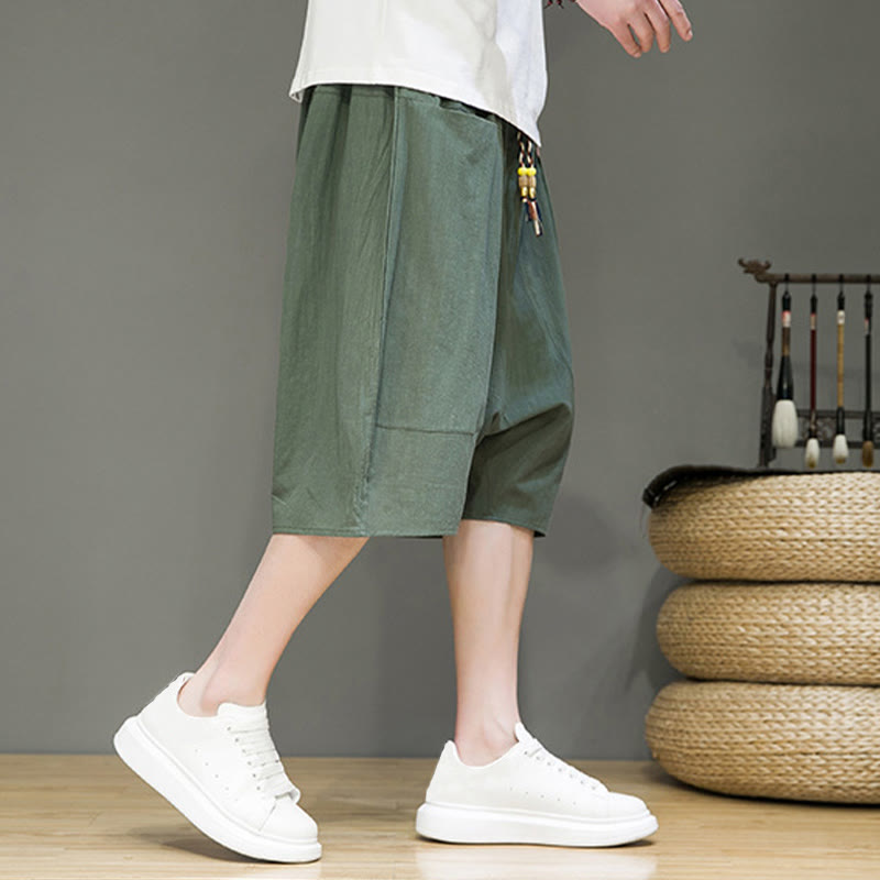 Pantalon Buddha Stones décontracté en coton et lin avec cordon de serrage et poches pour homme
