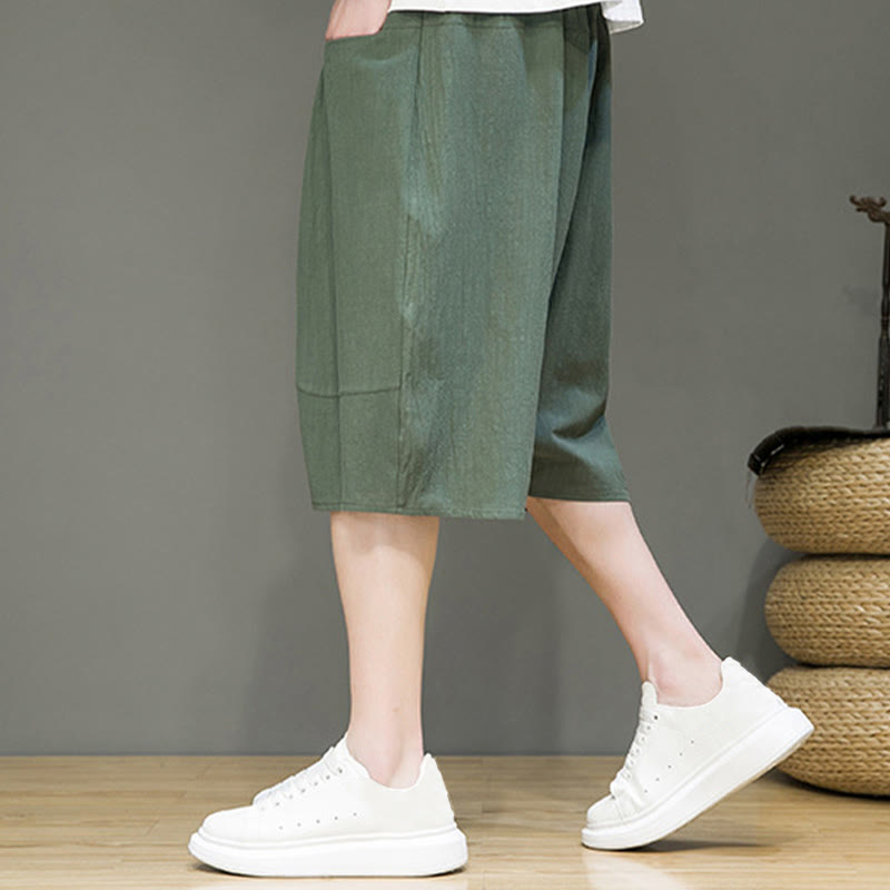 Pantalon Buddha Stones décontracté en coton et lin avec cordon de serrage et poches pour homme