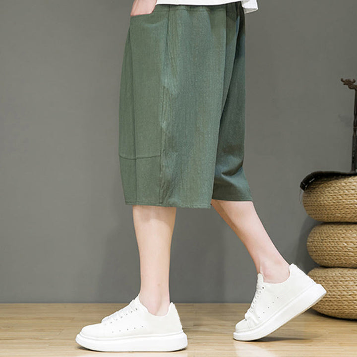 Pantalon Buddha Stones décontracté en coton et lin avec cordon de serrage et poches pour homme