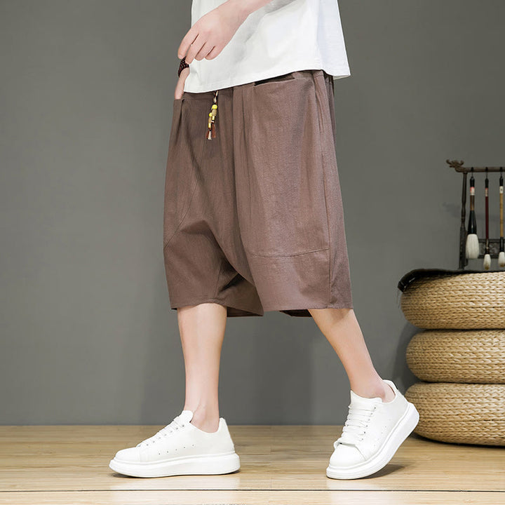 Pantalon Buddha Stones décontracté en coton et lin avec cordon de serrage et poches pour homme