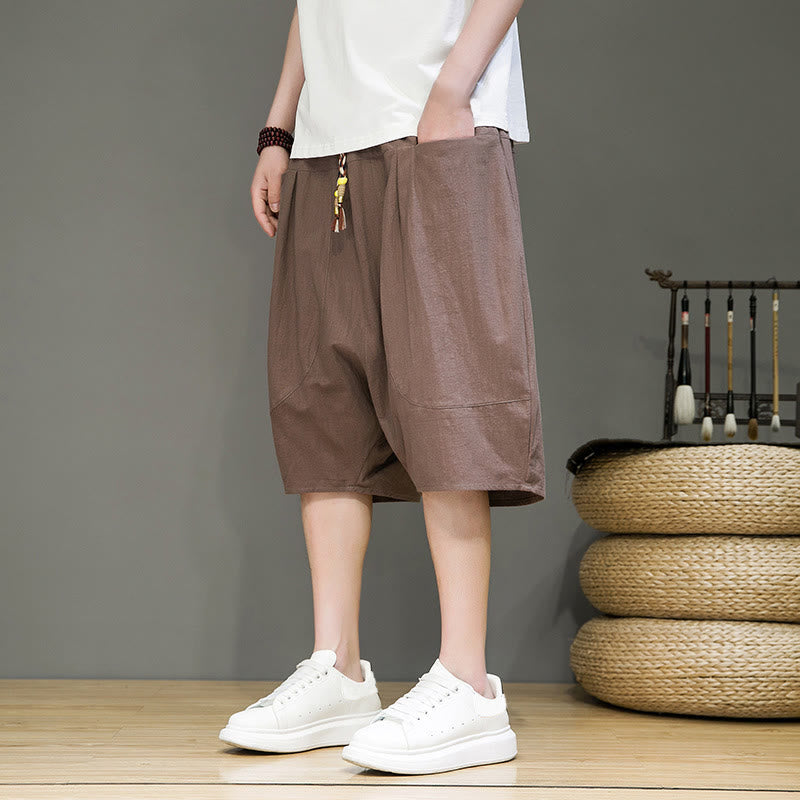 Pantalon Buddha Stones décontracté en coton et lin avec cordon de serrage et poches pour homme