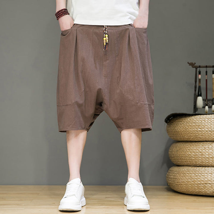 Pantalon Buddha Stones décontracté en coton et lin avec cordon de serrage et poches pour homme