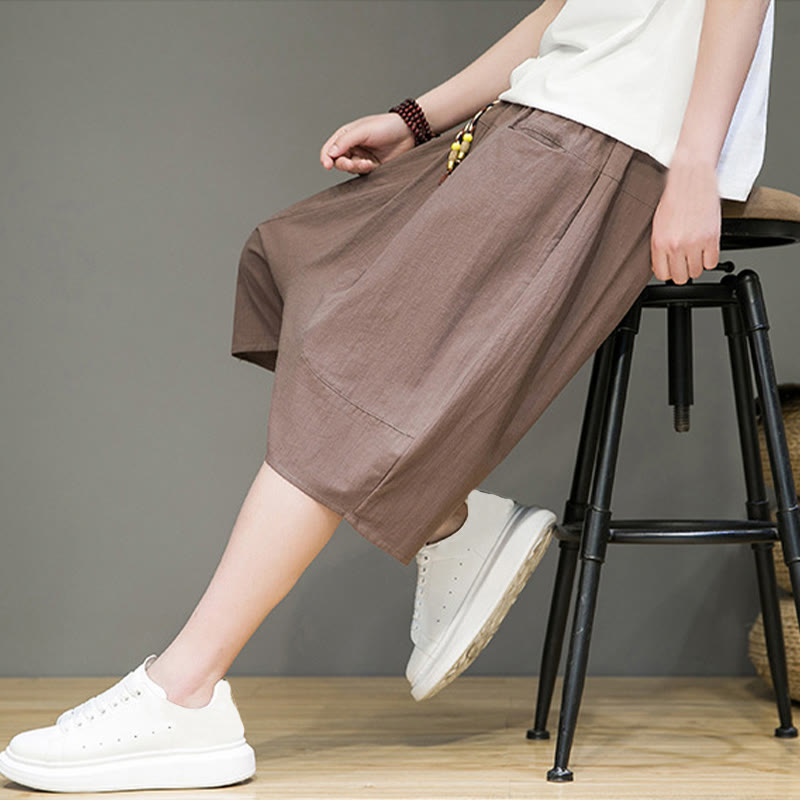 Pantalon Buddha Stones décontracté en coton et lin avec cordon de serrage et poches pour homme