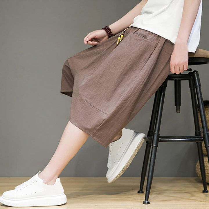 Pantalon Buddha Stones décontracté en coton et lin avec cordon de serrage et poches pour homme
