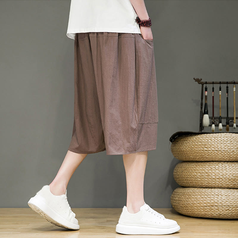Pantalon Buddha Stones décontracté en coton et lin avec cordon de serrage et poches pour homme