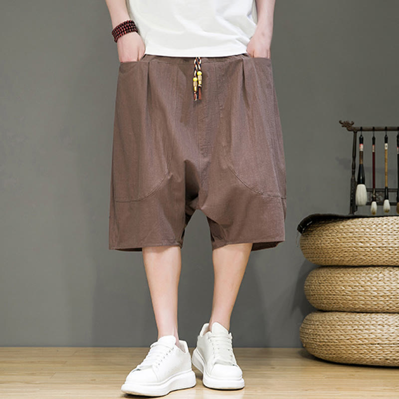 Pantalon Buddha Stones décontracté en coton et lin avec cordon de serrage et poches pour homme