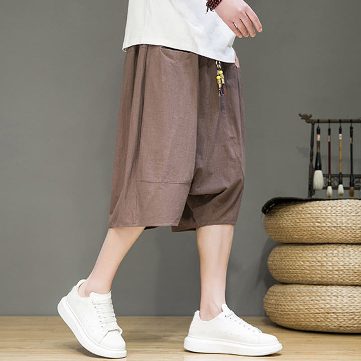 Pantalon Buddha Stones décontracté en coton et lin avec cordon de serrage et poches pour homme