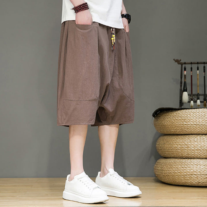 Pantalon Buddha Stones décontracté en coton et lin avec cordon de serrage et poches pour homme