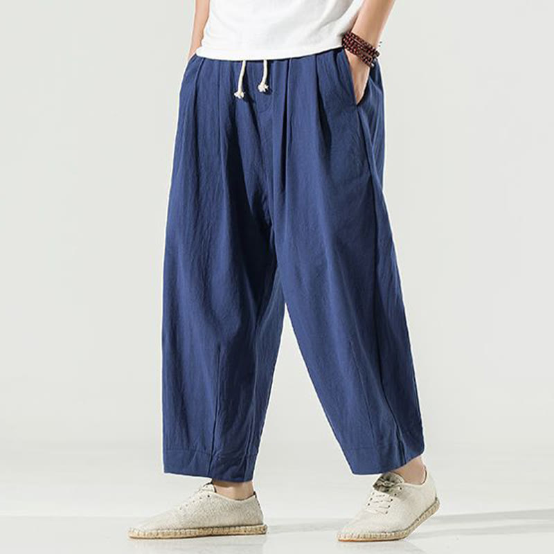 Pantalon sarouel homme en coton et lin uni avec poches, longueur cheville, motif Buddha Stones - Bleu acier - US/UK/AU46，EU56 (5XL) - image 0