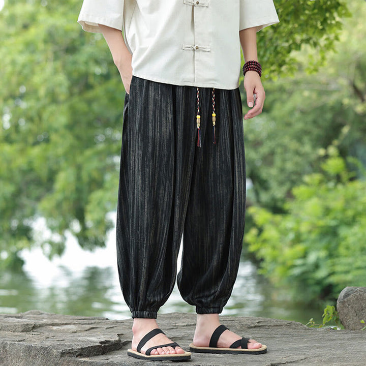 Pantalon sarouel d'été noir à rayures et cordon de serrage pour homme avec poches Buddha Stones - image 2