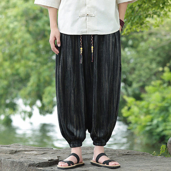 Pantalon sarouel d'été noir à rayures et cordon de serrage pour homme avec poches Buddha Stones - image 1