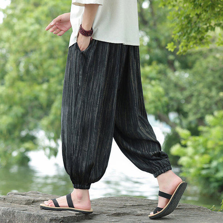 Pantalon sarouel d'été noir à rayures et cordon de serrage pour homme avec poches Buddha Stones - image 4