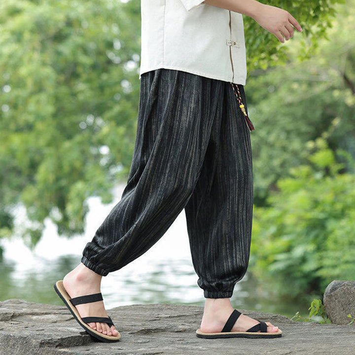 Pantalon sarouel d'été noir à rayures et cordon de serrage pour homme avec poches Buddha Stones - image 7
