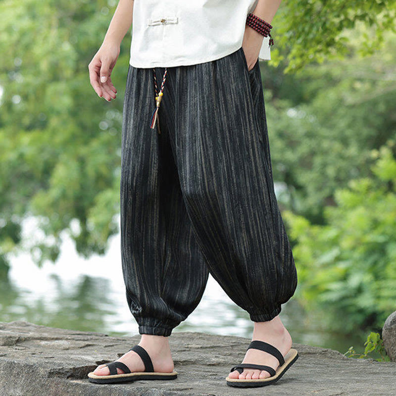 Pantalon sarouel d'été noir à rayures et cordon de serrage pour homme avec poches Buddha Stones - image 8