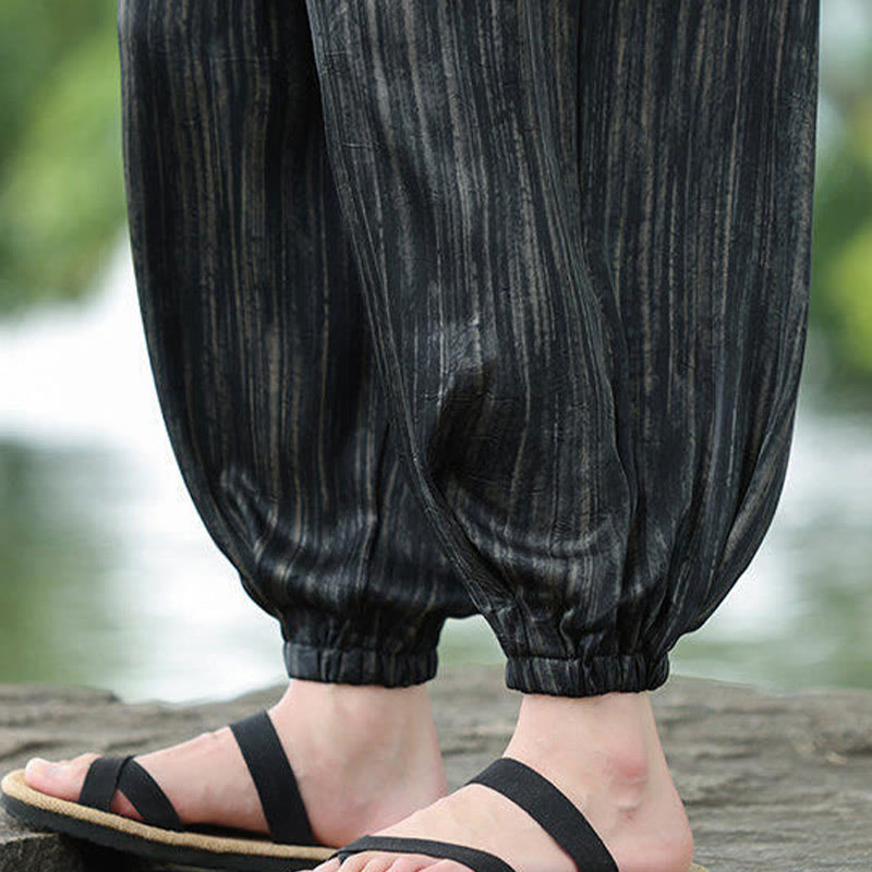 Pantalon sarouel d'été noir à rayures et cordon de serrage pour homme avec poches Buddha Stones - image 12