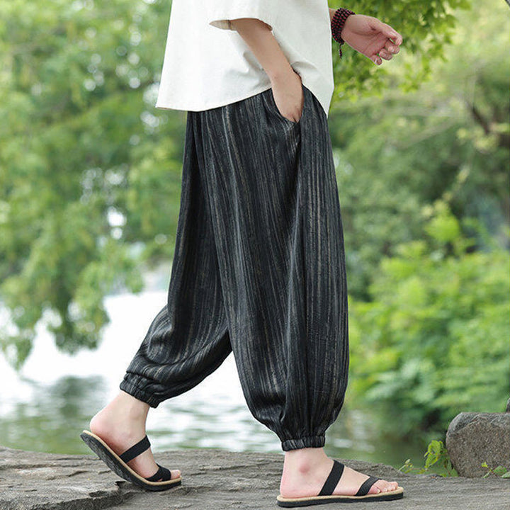 Pantalon sarouel d'été noir à rayures et cordon de serrage pour homme avec poches Buddha Stones - image 3