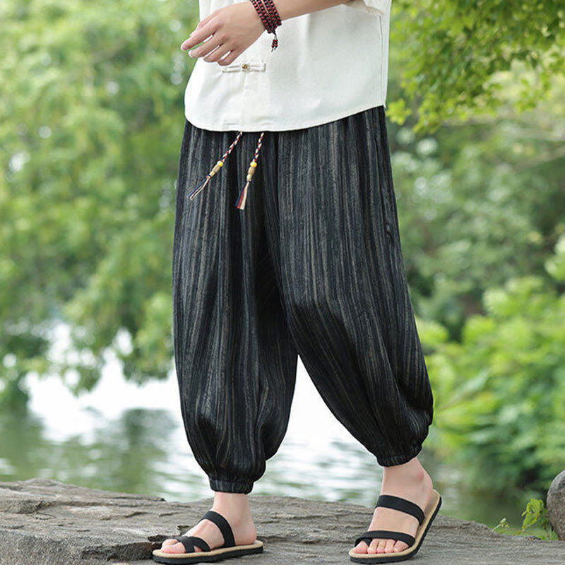 Pantalon sarouel d'été noir à rayures et cordon de serrage pour homme avec poches Buddha Stones - Noir - US/UK/AU46，EU56 (5XL) - image 0