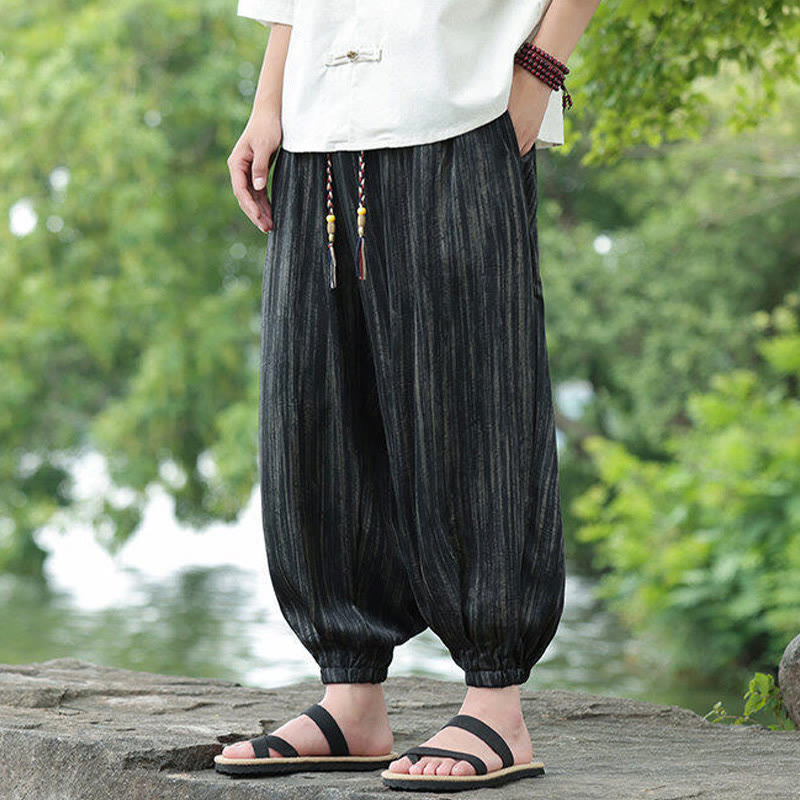 Pantalon sarouel d'été noir à rayures et cordon de serrage pour homme avec poches Buddha Stones - image 6