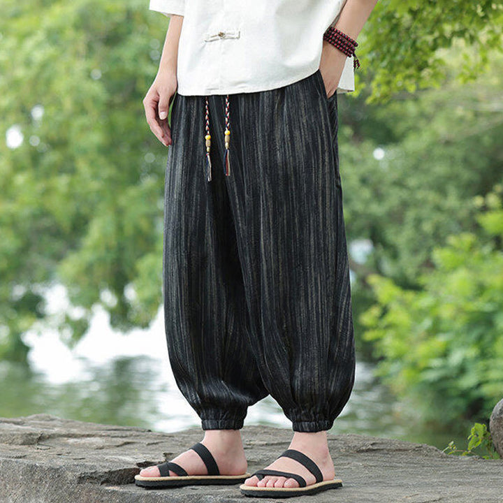 Pantalon sarouel d'été noir à rayures et cordon de serrage pour homme avec poches Buddha Stones - image 6