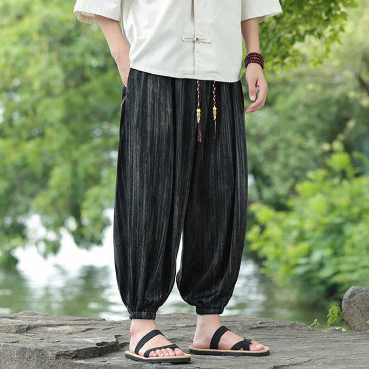 Pantalon sarouel d'été noir à rayures et cordon de serrage pour homme avec poches Buddha Stones - image 5