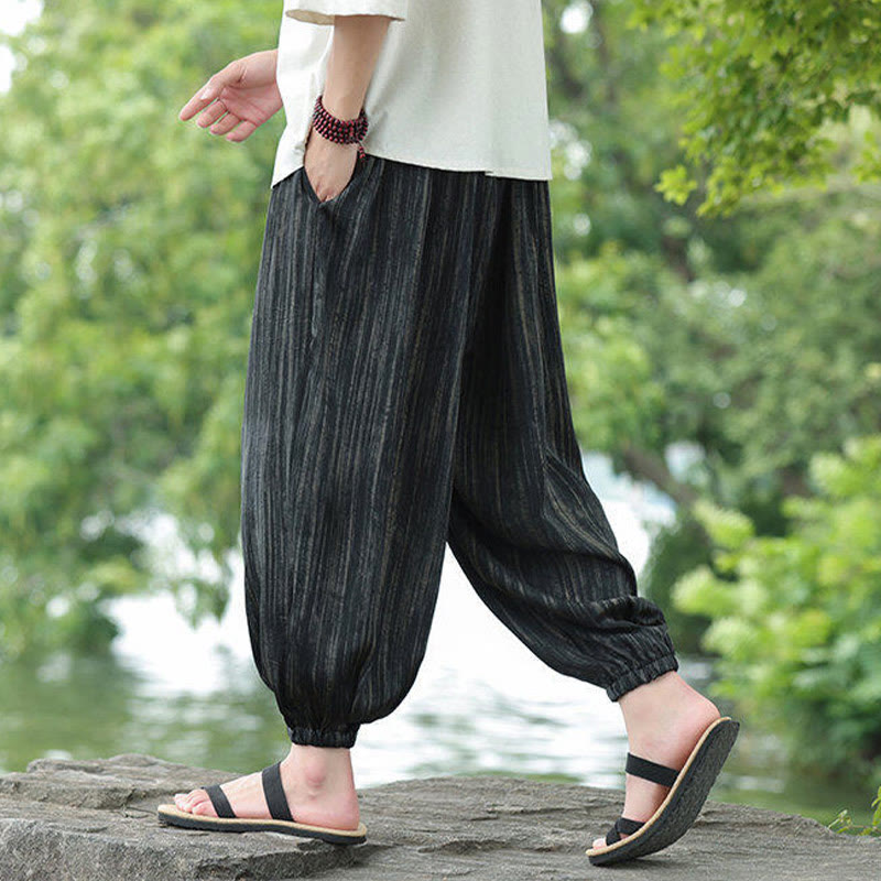 Pantalon sarouel d'été noir à rayures et cordon de serrage pour homme avec poches Buddha Stones - image 4