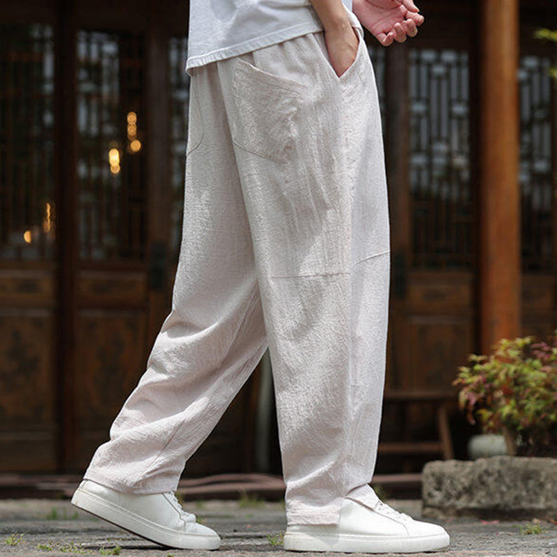 Pantalon en coton et lin avec cordon de serrage et poches pour homme, taille élastique, motif Buddha Stones - image 2